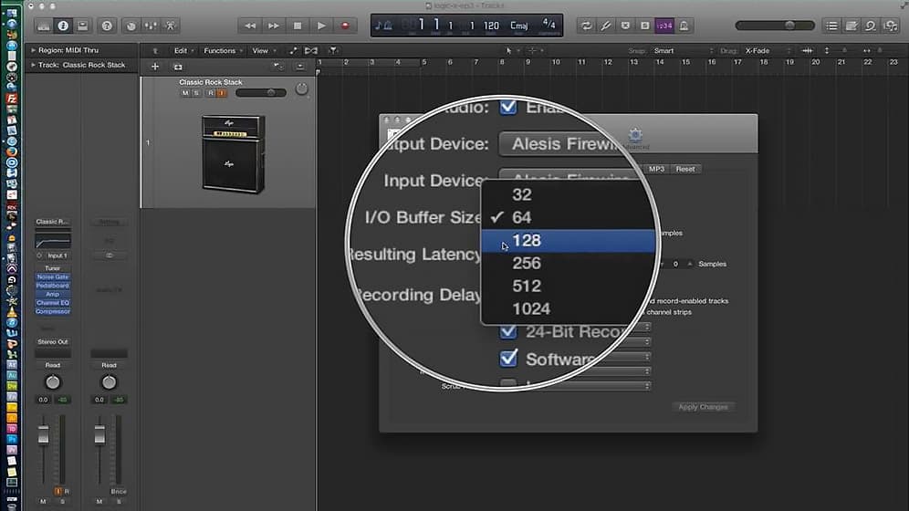 buffer-size setting panel in DAW