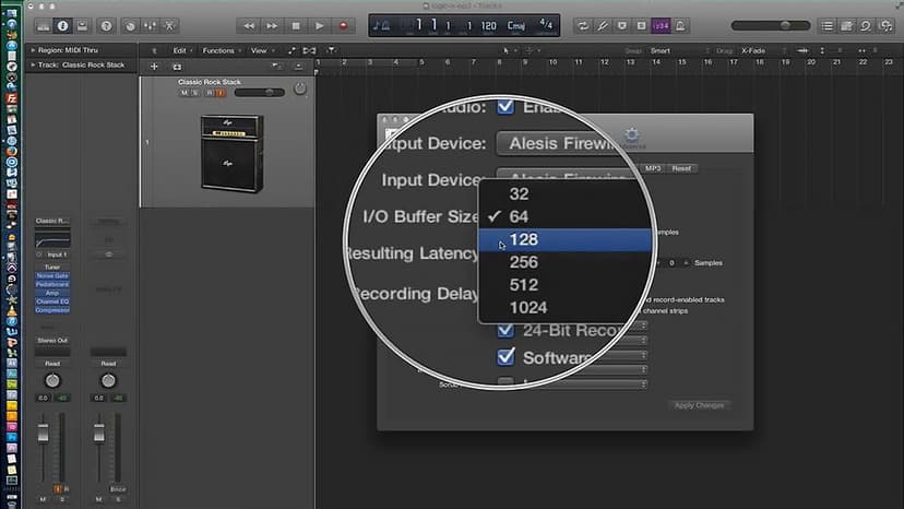 buffer-size setting panel in DAW