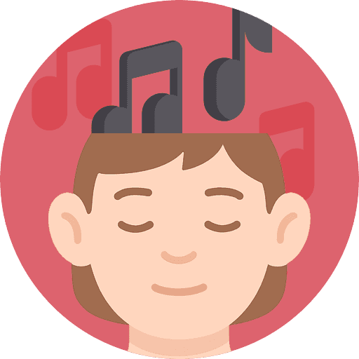 a woman with music notes above her head